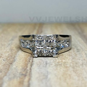 Quad Princess Cut Ring, Engagement Ring, White Gold Ring, Invisible Pave Set Diamond Ring, Wedding Ring, Solid 925 Sterling Silver Ring 5083