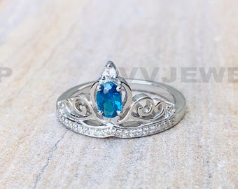 Enchanted Fine Jewelry Cinderella's Diamond and London Blue Topaz Carriage Tiara Ring, Birthday Gift Ring, Sterling Silver Ring, 6157