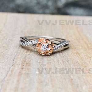 Enchanted Belle Diamond Accent Solitaire Rose Scrolled Promise Ring in Two-Tone Gold Plated, Tiny Rose Flower Ring, Birthday Gift Ring, 6711
