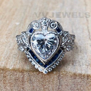 1890s Vintage 4Ct Heart Shape Art Deco Engagement Ring, 935 Argentium Silver Ring, Antique Wedding Ring, 925 Silver Ring, 2116