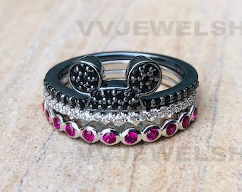 Mickey Mouse Head Ring Set, Stackable Trio Ring Set, Bezel Set Diamond Matching Ring Set, Two Tone Trio Ring Set, Trio Color Ring Set, 6264