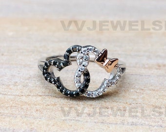 Ineinander greifender Mickey Minnie Mouse Ring, 925 Sterling Silber Ring, Lab Diamant Ring, Weißgold Ring, zweifarbiger Verlobungsring, Geschenkring 5636