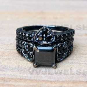 Black Princess Cut Ring Set, Full Black Engagement Wedding Bridal Ring Set, Black Rhodium Plating Over 925 Sterling Silver Ring Set, 1743