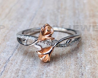 Enchanted Disney Fine Jewelry Double Flower Ring, Rose Gold Plated Two Tone Silver Ring, Rose Flower Ring, Solid Sterling Silver Ring, 6304