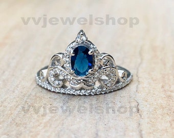 Joyería fina encantada Anillo de tiara de carruaje de diamantes y zafiro azul de Cenicienta, anillo de regalo de cumpleaños, anillo de plata de ley sólida 925, 6585