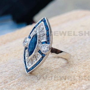 Vintage Circa 1890er Jahre 1 Ct Marquise-Schliff Diamant & Saphir kultiger antiker Verlobungsring in 935 Argentium Silver Art Deco Edwardian Ring 2874