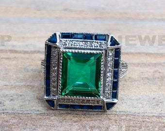 Green Gemstone Ring, Art Deco Ring, Blue Sapphire Baguette Ring, 925 Sterling Silver Ring,Vintage Ring, White Gold Ring, Birthday Gift, 5304