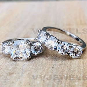 1890s Estate Vintage 3 Cts Old European Diamond Wedding Bridal Set, 935 Argentium Silver Vintage Art Deco Ring Set, Dainty Band Set, 5101