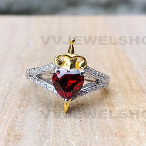 Red Heart Diamond Ring, Gothic Engagement Ring, 925 Sterling Silver Ring, Yellow Gold Plated Sward Ring, Split Shank Wedding Ring, 6625