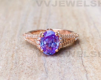 Fancy Purple Oval Cut Ring, 14K Rose Gold Plated Over 925 Sterling Silver Ring, Engagement Ring, Wedding Ring, Birthday Gift Ring, 5989