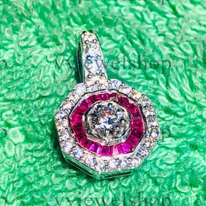 Red Baguette Halo Pendant, White Gold Pendant, Moissanite Pendant, 935 Argtentium Silver Art Deco Pendant, .925 Sterling Silver Pendant 1264