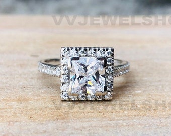 Engagement Ring, White Gold Ring, Square Halo Ring, Moissanite Ring, Wedding Ring, V-Prong Set Diamond Ring, 925 Sterling Silver Ring 3183