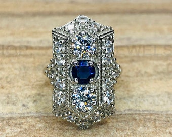 1860s Art Deco Collection Ring, 935 Silver Ring, Antique Long Ring, White Gold Ring, Blue Sapphire & Moissanite Ring, 925 Silver Ring,  6097