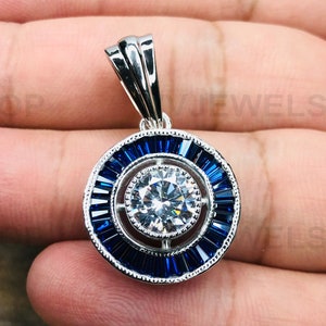Moissanite Pendant, Blue Sapphire Baguette Pendant, White Gold Pendant, Baguette Halo Pendant, 925 Sterling Silver Pendant, Free Chain 1405