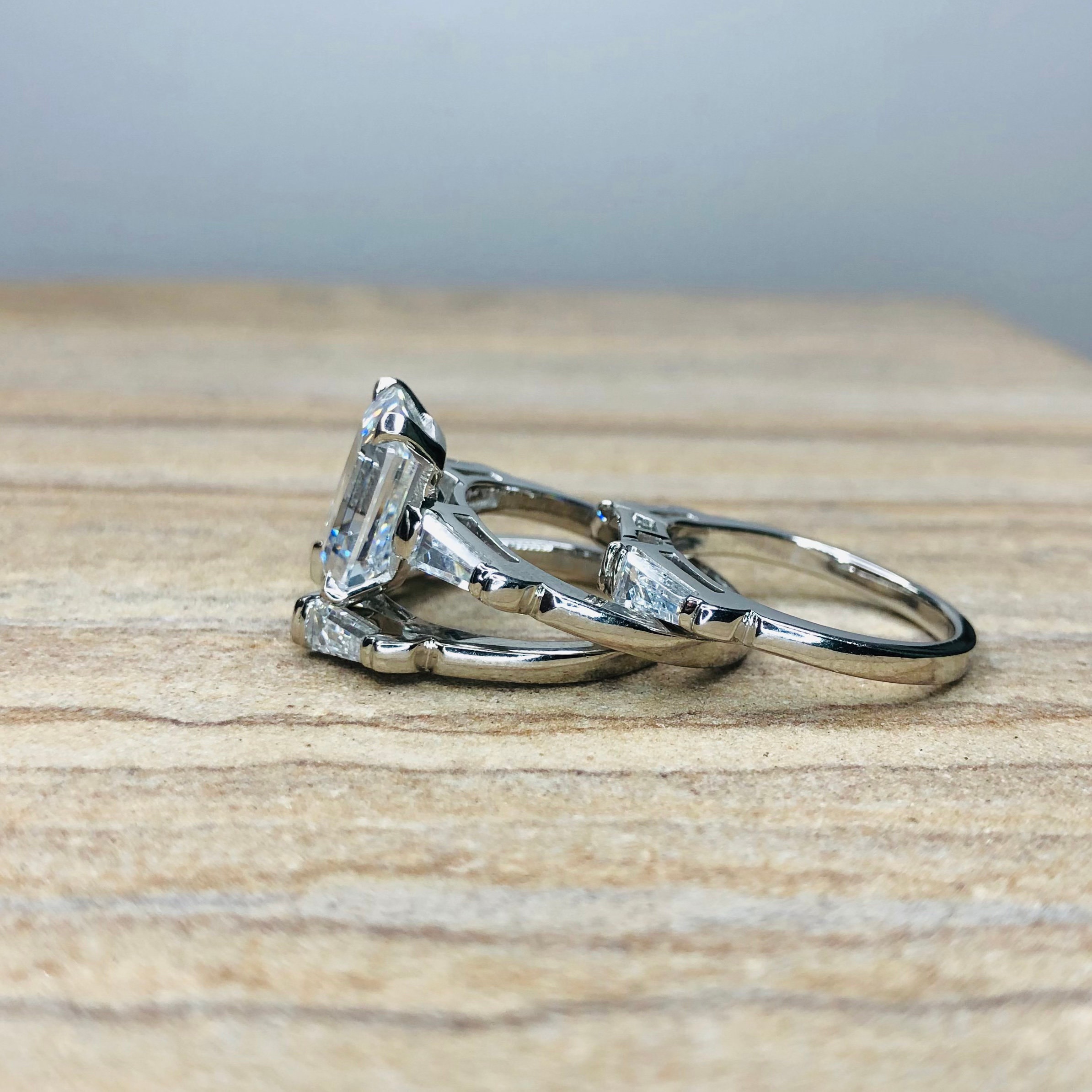Emerald Cut Diamond Ring Set Three Stone Bridal Ring Set - Etsy Emerald Cut Diamond Ring Set Three Stone Bridal Ring Set - Etsy