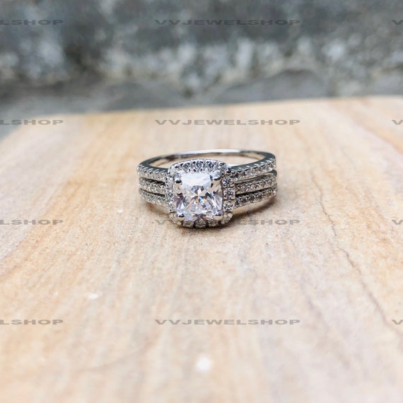 Inside Out Wedding Ring Set, Cushion Cut Bridal Set, Sterling