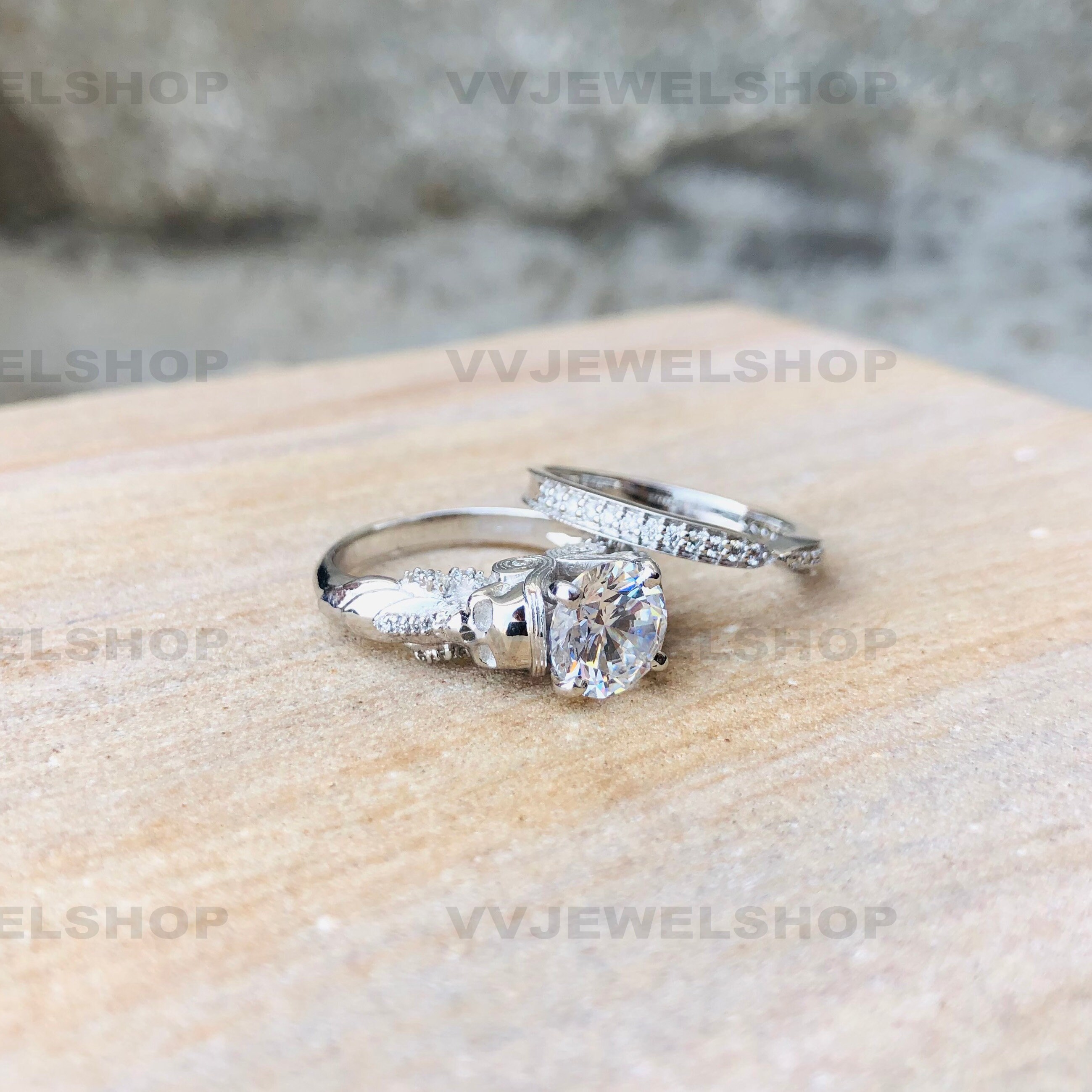 Skull Face Bridal Ring Set Gothic Two Skull Women s Ring Set