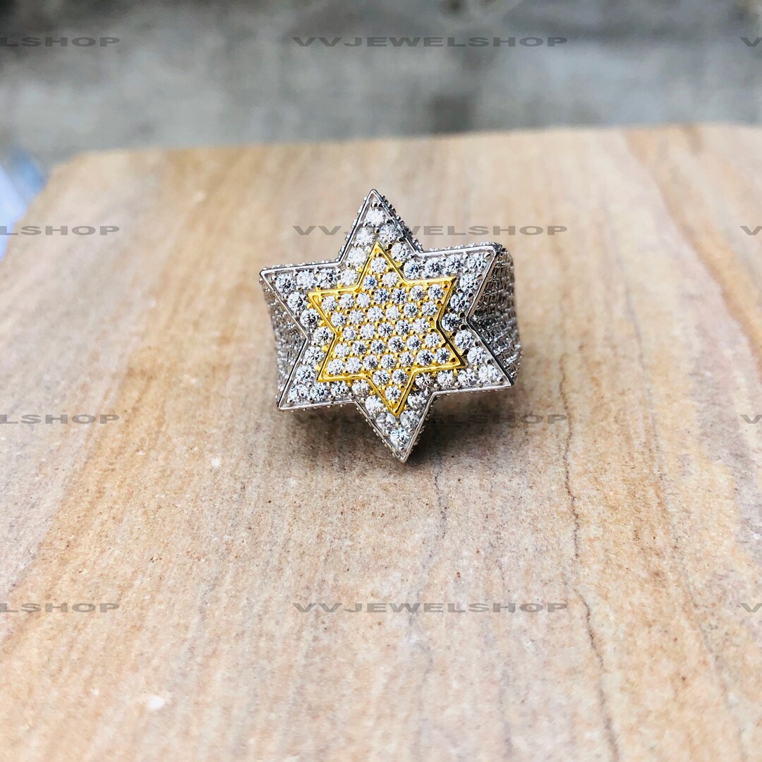 Big Star Bust Down Diamond Ring, Silver Gold Hip Hop Star Ring, Supreme