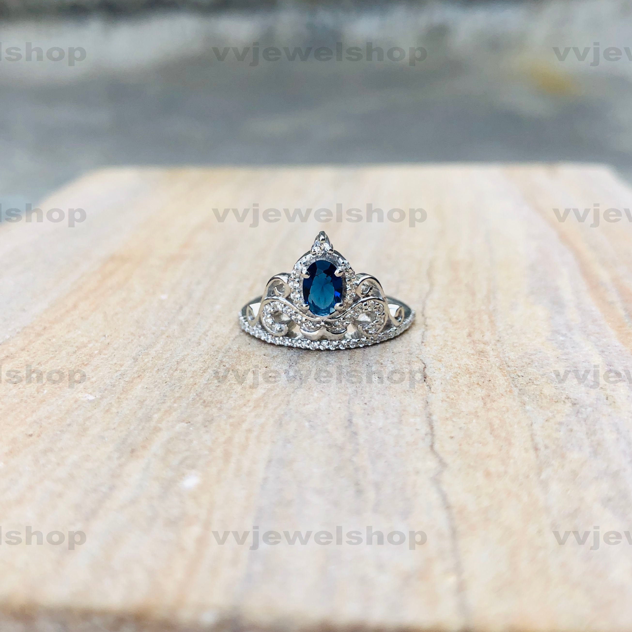 Verzauberter feiner Schmuck Cinderellas Diamant und blauer Saphir Kutsche Tiara Ring, Geburtstag Geschenk Ring, massiv 925 Sterling Silber Ring, 6585