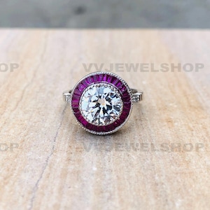 1890s Vintage 2ct Old European Diamond Ring Garnet Target Halo Art Deco Edwardian Engagement Ring In 935 Argentium Silver Estate Ring, 3286
