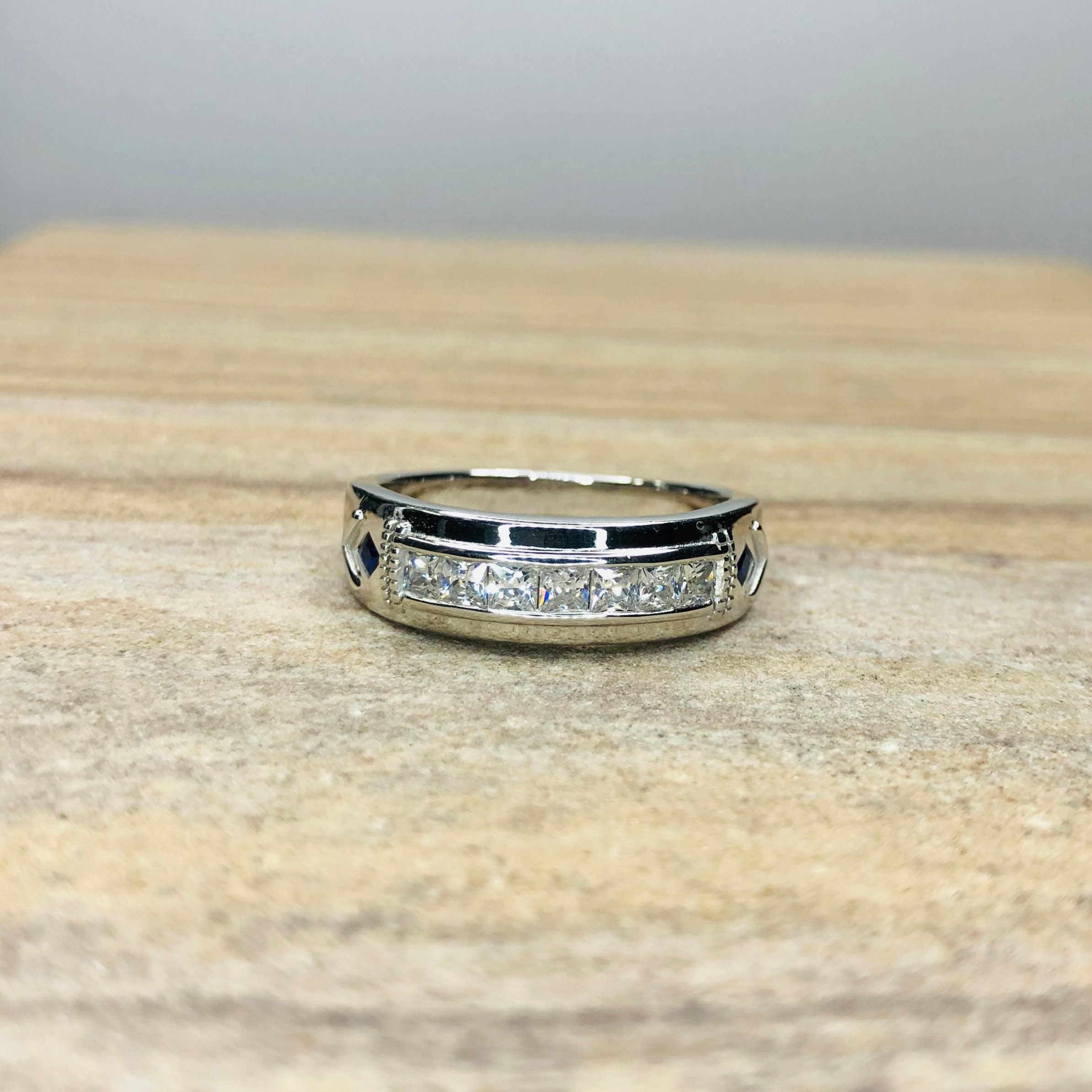 White Gold Ring Groom's Ring Channel Set Ring Lab Diamond Ring Men's Wedding Ring 2076 Men's Engagement Ring 925 Sterling Silver Ring
