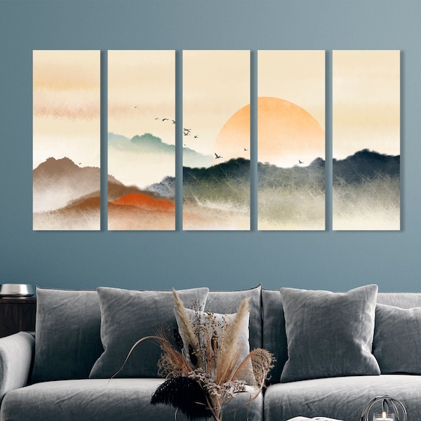 Mountains 5 Multi-Panel Canvas Art Set For Home Room Decoration Fog Large Pictures For Living Room Paintings Set Nature Wall Panels RP0374