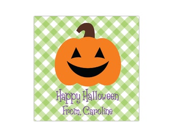 Pumpkin ~ Halloween ~ Green Gingham ~ Gift Tag ~ Stickers ~ Personalized ~ Kids ~ Boy ~ Girl ~ Treat Bag Tag