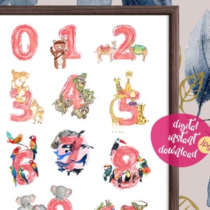 Póster de números de animales para guardería, impresión artística educativa con números 1, 2 y 3 para niños, aula Montessori, arte mural de aprendizaje, descarga instantánea