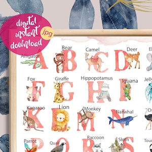 Póster del alfabeto de animales del bosque y safari: Arte educativo para el aula Montessori y decoración de la educación en casa imprimible - Impresión del alfabeto ABC