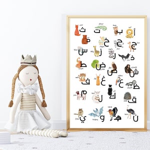 Póster del alfabeto árabe con animales para niños: imprimible educativo para aprendizaje y juego en el hogar, letras del alfabeto preescolar para uso personal.