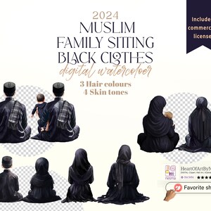 Conjunto de imágenes prediseñadas de familia musulmana: madre, padre, hijos (hermano, hermana) y adolescentes, ilustraciones sin rostro personalizables en formato PNG con ropa negra.