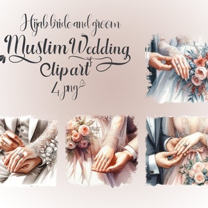 Muzułmański ślub Clip Art: Elegancka akwarela Panna Młoda i Pan Młody PNG na uroczystości Nikah - Zaproszenia, Islamskie Wzory Sublimacji, Użytek Komercyjny