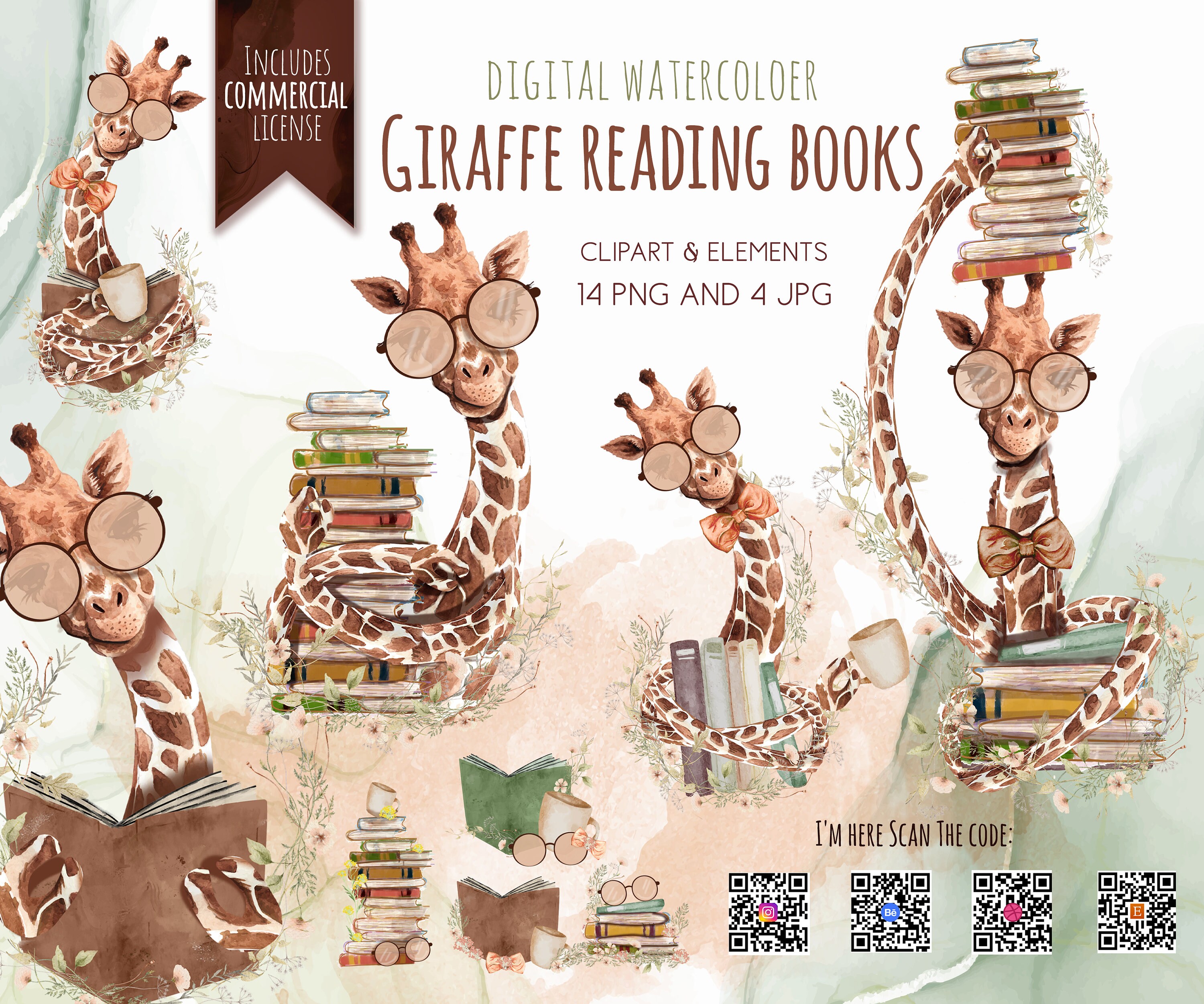Cute Giraffe Clipart Cute Giraffe Reading Jungle Animal Illustration