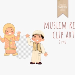 Clipart de dibujos animados islámicos: niña chibi musulmana con hiyab y niño en (thawb), personajes digitales lindos, niños chibi png, uso comercial