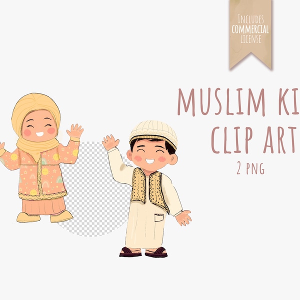 Islamic Cartoon Clipart: Muslim chibi Girl with Hijab & Boy in (thawb), Digital Cute Characters, chibi kids png, Commercial Use