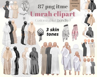 Lot d'images clipart famille musulmane : femmes, hommes, filles, garçons. Portrait sans visage du Hajj et de la Omra 2023, cadeau personnalisé, usage commercial.