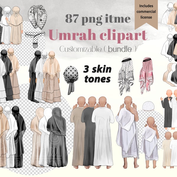 Lot d'images clipart famille musulmane : femmes, hommes, filles, garçons. Portrait sans visage du Hajj et de la Omra 2023, cadeau personnalisé, usage commercial.
