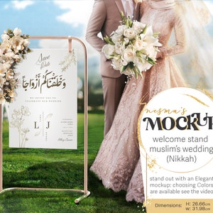 イスラムの結婚式の看板のモックアップ：PSD と PNG アクリル スタンド形式であなたのデザインをカスタマイズできる Nikkah ウェルカム スタンド