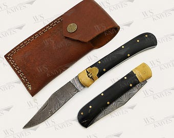 Handmade  Forged Damascus Folding Pocket Knife with Leather Sheath Camping & Hiking Gift | EDC | Outdoor Camping Everyday Carry Gift for Him