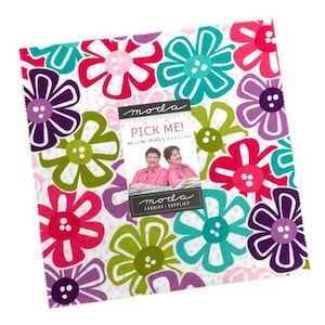 May include: A square fabric bundle with a floral pattern in pink, green, teal, and purple. The fabric features large, stylized flowers on a white background with small polka dots. A card with the text "PICK ME!" is visible.