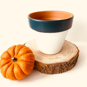 Puede incluir: Una maceta de terracota blanca con un borde azul oscuro, sentada sobre una rodaja de madera. Una pequeña calabaza naranja se encuentra junto a la maceta.