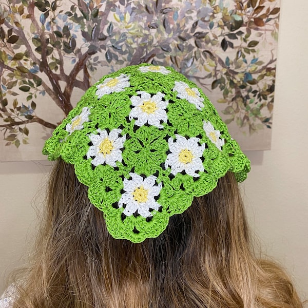Adorable Crochet Daisy Bandana, “Mother’s Day” Easter, Handmade, Cotton, Crochet, Summer, Accessories, Gift, Present, Collectable, Fall,