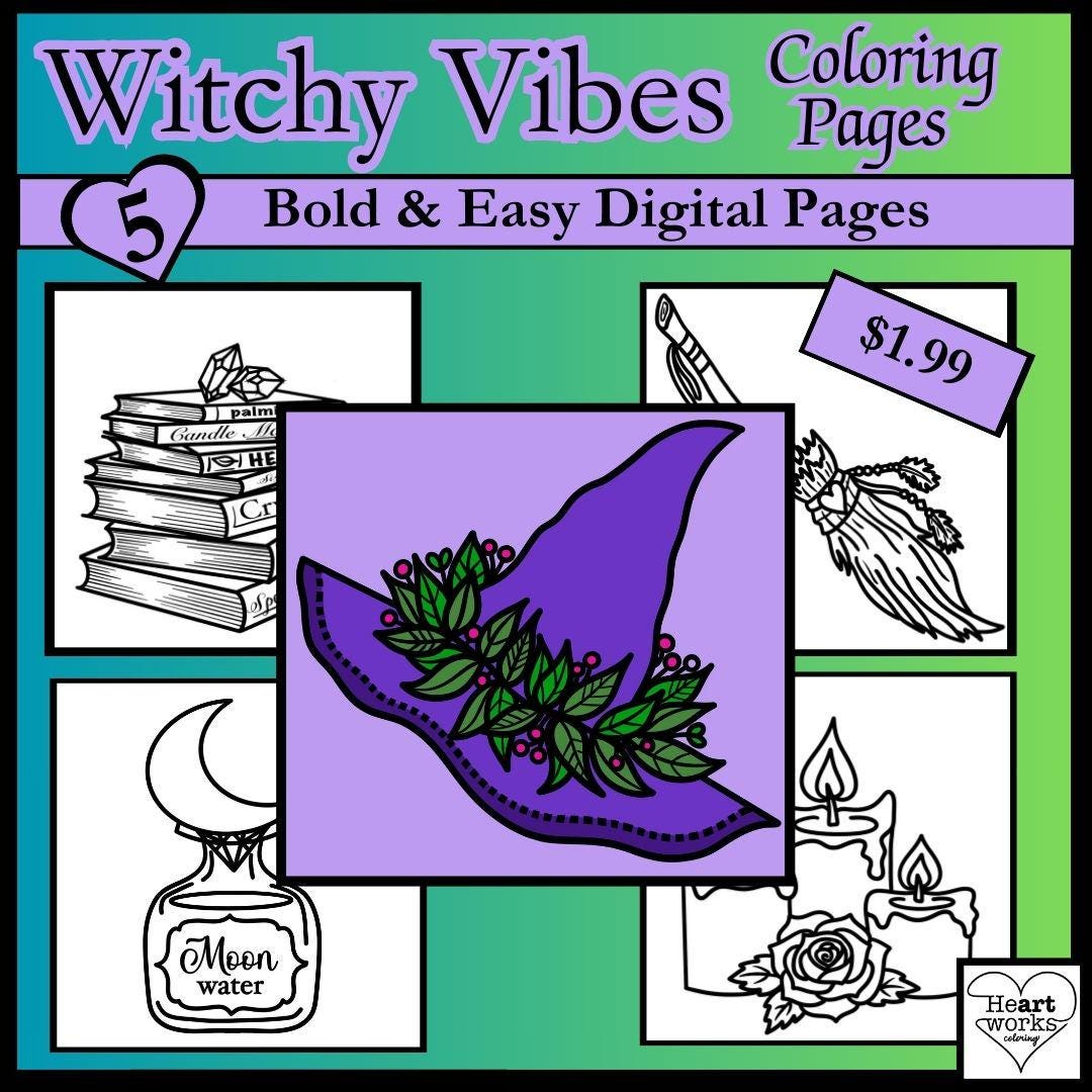 Bold & Easy Witchy Vibes Coloring Pages | Simple Magical Witchcraft Art | Aesthetic Digital Coloring Set