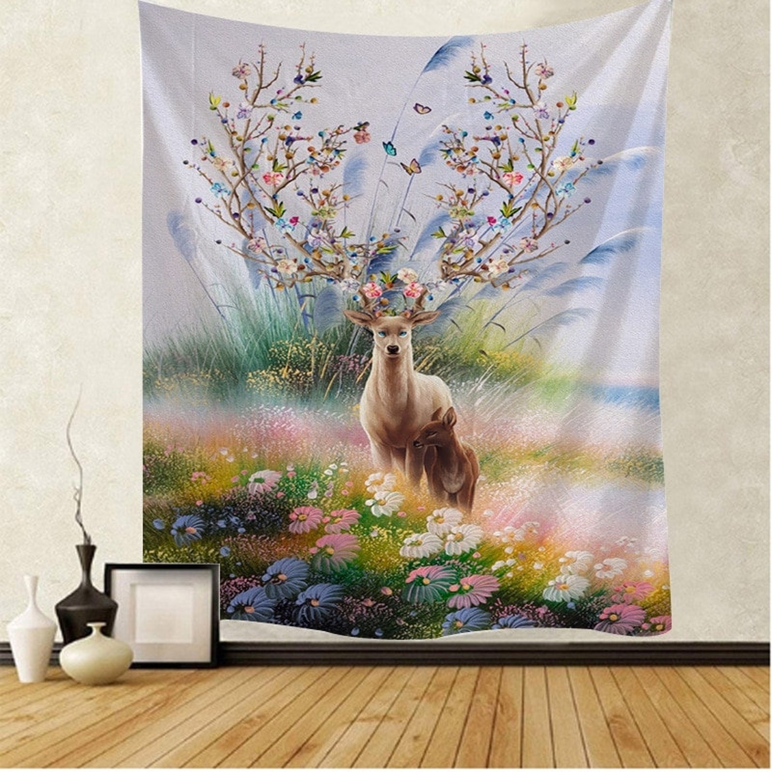 Deer Tapestry Elk Wall Tapestry Antlers Floral Wall Hanging Etsy