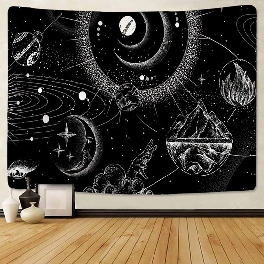 Wall Tapestry Moon Stars Planets Black and White Wall Hanging Celestial Tapestries