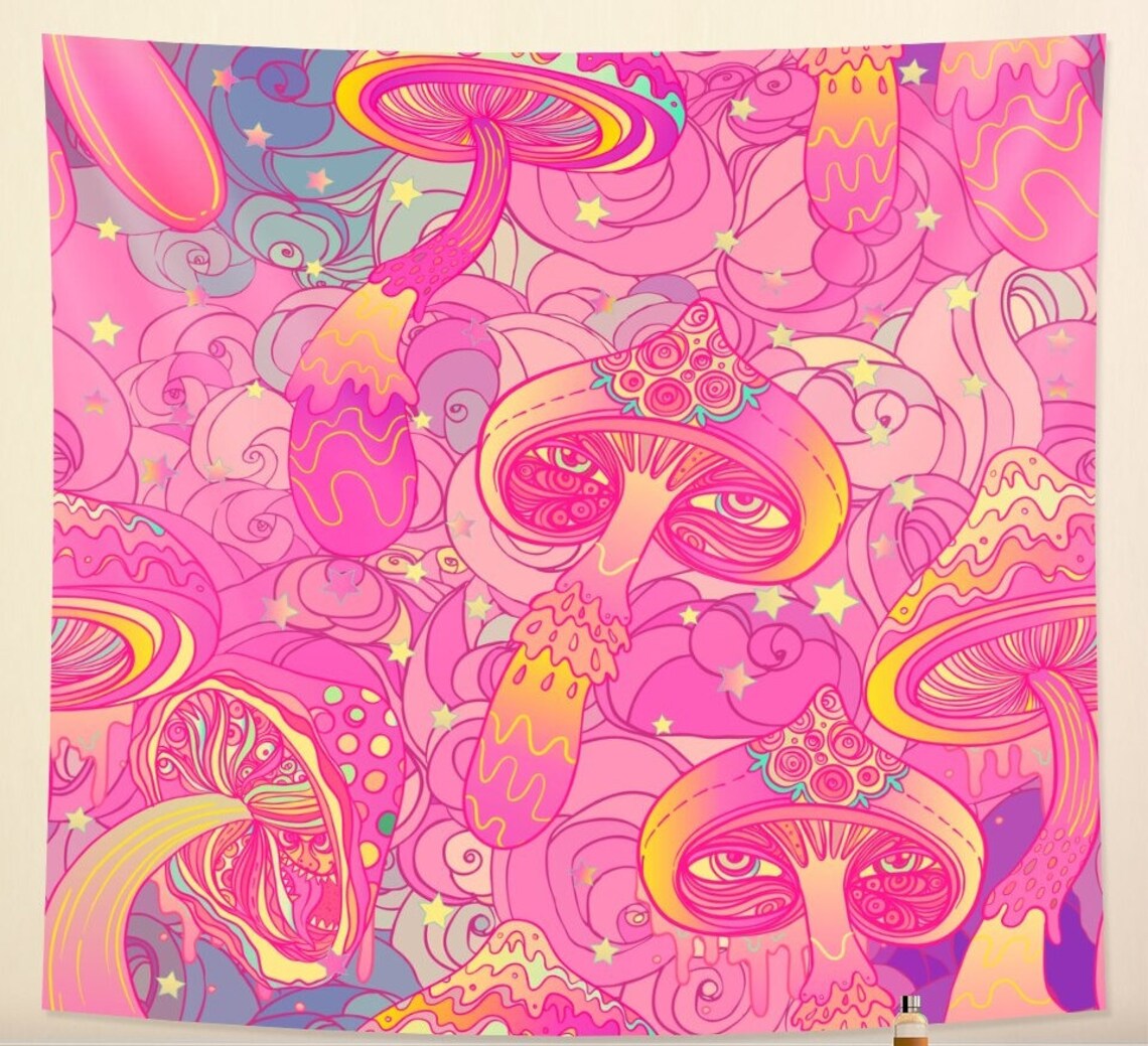 Psychedelic Wall Tapestry Pink Magic Mushrooms Wall Hanging Etsy
