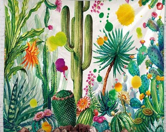 E-Stream Cactus Tapestry Large Green and Printed Tapestry Plant Wall Decor for Bedroom Kitchen Living Room 59in x 79in 150mmx200mm,Queen Size, Cactus with Flowers B