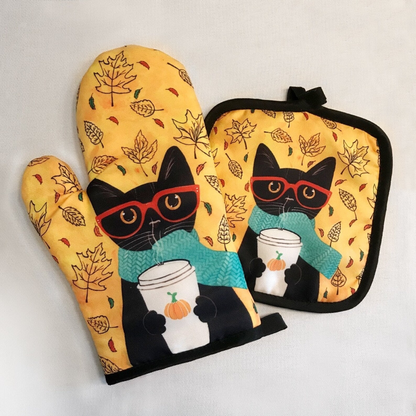 Cat Oven Mitt and Pot Holder Set Black Cat Oven Mitts Oven Etsy