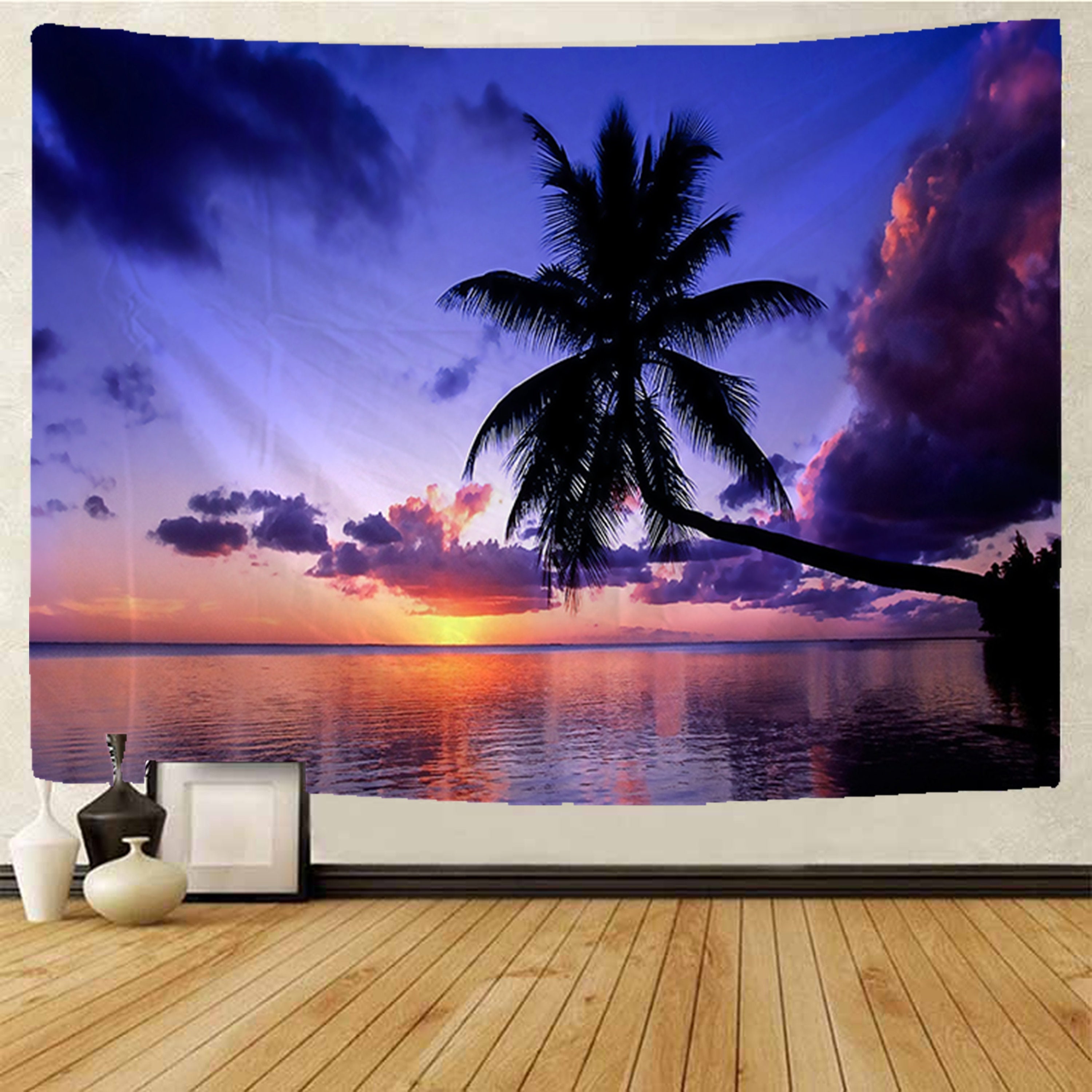 Sunset Sea Beach Palm Tree Scenery Tapestry Wall Hanging for Living Room Bedroom 