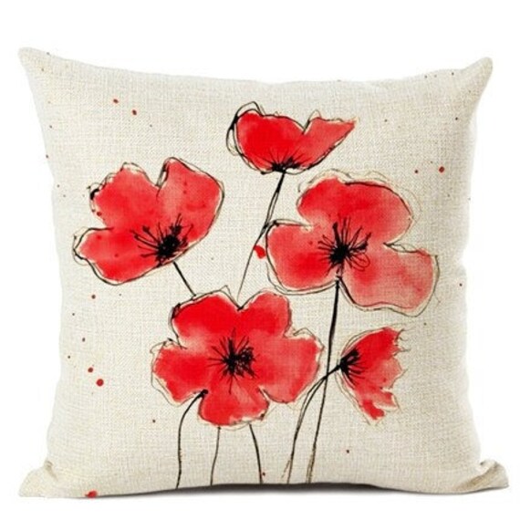 Red Poppy Cushion Cover Poppies Pillow Cover Decorative Throw Etsy